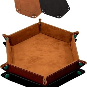 SIQUK 2-Piece Dice Tray - PU Leather Folding Hexagon Dice Holder for RPG, DND and Other Table Games (Camel and Black)