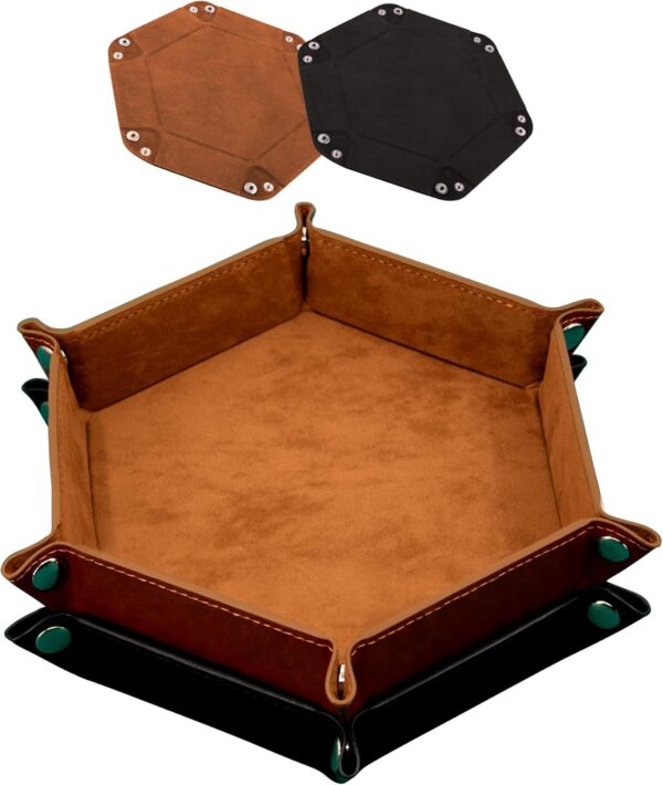 SIQUK 2-Piece Dice Tray - PU Leather Folding Hexagon Dice Holder for RPG, DND and Other Table Games (Camel and Black)