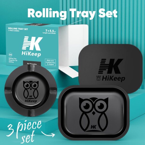 Rolling Tray with PVC Soft Magnetic Lid - 7 x 5.5'', Ashtray - 5.8 x 5.8'' - Set of 3 (Owl Design) - Image 2