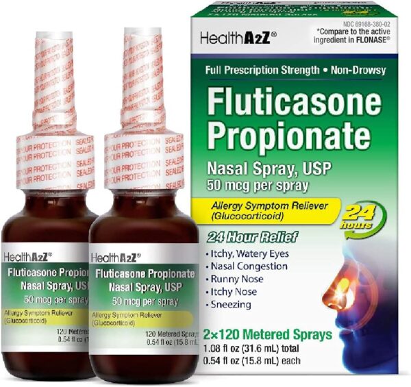 HealthA2Z® Fluticasone Propionate Nasal Sprays | Allery Relief Spray | Runny Nose | Nasal Congestion | Sneezing | Itchy Watery Eyes | 24 Hour Allergy Relief | (2 Packs)