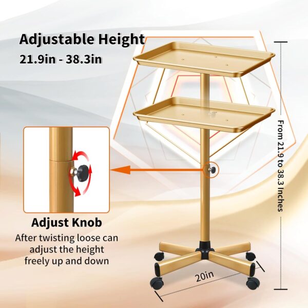 Salon Tray on Wheels, Gold Salon Tray Cart with Adjustable Height, Metal Service Instrument Storage Tray for Salon&Home Use - Image 3