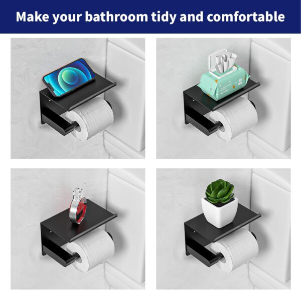 Matte Black Toilet Paper Holder with Shelf, Fits Mega Rolls, Rustproof Stainless Steel, Self Adhesive Wall Mount Toilet Paper Roll Holder, for Bathroom, Washroom, Kitchen, RV - Image 7