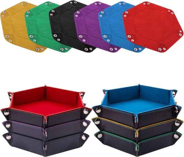 SIQUK 6 Pieces Dice Tray Hexagon Dice Rolling Holder Folding PU Leather Dice Trays for Dice Games Like RPG, DND and Other Table Games(Red, Blue, Violet, Black, Green, Yellow)