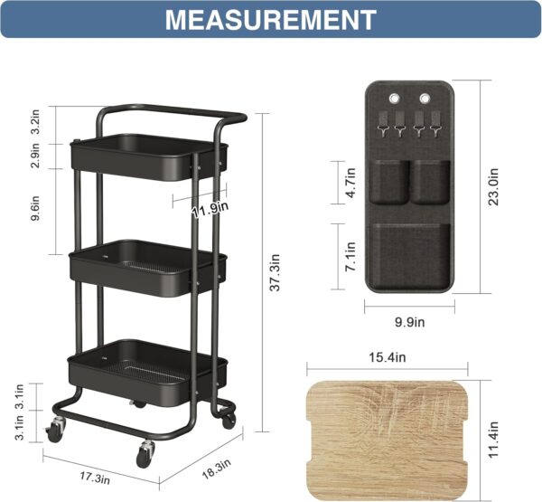 DTK 3 Tier Metal Utility Rolling Cart with Table Top and Side Bags, Tray Storage Organizer Wheels, Art Craft 4 Hooks for Kitchen Bathroom Office Living Room (Black) - Image 6