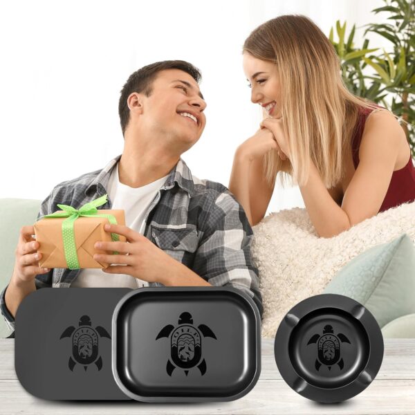 Black Rolling Tray with Magnetic Lid & Cool Ashtray for Outside Patio Outdoor Home Cute Decor,Metal Ash tray Set for Storage or Travel- Set of 3 (Funny Turtle Design) - Image 6