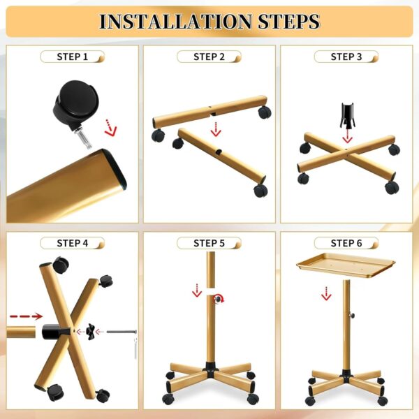 Salon Tray on Wheels, Gold Salon Tray Cart with Adjustable Height, Metal Service Instrument Storage Tray for Salon&Home Use - Image 7