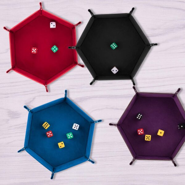 SIQUK 4 Pieces Dice Tray Set Foldable Dice Trays Hexagon Dice Rolling Tray PU Leather Dice Holder for Dice Games Like RPG, DND and Other Table Games (Red, Black, Blue and Violet) - Image 6