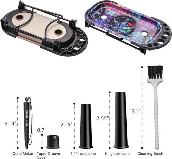 Metal Rolling Tray with Cone Loader for King Size &1 1/4 Size Pre Rolled Cones, Pre Roll Machine, Foldable Stand Cone Filler with Brush & Placement Device - Image 3