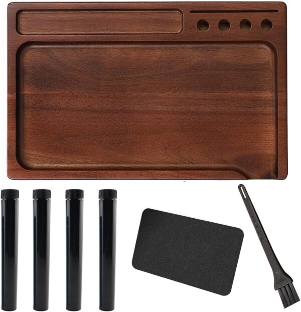 Walnut Rolling Tray 11"x7" Tray Rolling Tray Set with Funnel *4, Cleaning Brush and Scoop Card - Accessories for Rolling Papers, Grinders - Tray with Smooth Rounded Edges