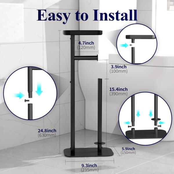 Kitsure Toilet Paper Holder Free Standing – Rustproof Metal Toilet Paper Stand for 4 Rolls with Anti-Slip Base and Shelf for Phone & Small Items, Bathroom Organizers and Storage, Black - Image 2