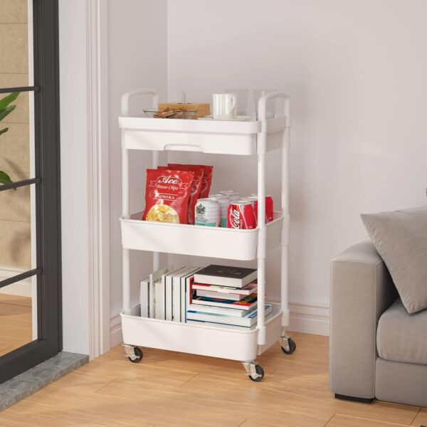 Calmootey 3-Tier Rolling Utility Cart with Drawer,Multifunctional Storage Organizer with Plastic Shelf & Metal Wheels,Storage Cart for Kitchen,Bathroom,Living Room,Office,White - Image 4