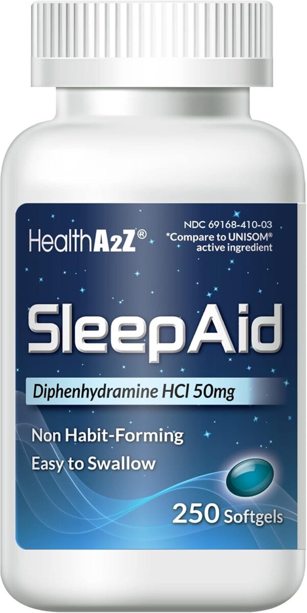 HealthA2Z Sleep Aid, Diphenhydramine Softgels, 50mg, Supports Deeper, Restful Sleeping, Non Habit-Forming (250 Counts)