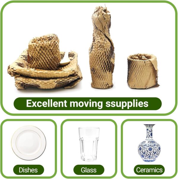 Dish Packing Kit Moving Supplies 15" x660' Honeycomb Wrapping Paper, Large Recyclable Expandable Bubble Cushion Wrap Roll Packing Material for Fragile Items Breakables Plate Glassware Bottle, 80GSM - Image 3