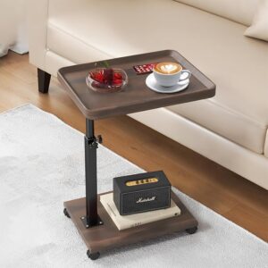 C Table End Table Adjustable Height, 360°Swivel TV Tray Table for Small Spaces, Couch Tables That Slide Under, C Shaped Side Tables with Wheels for Living Room and Bedroom, Bed