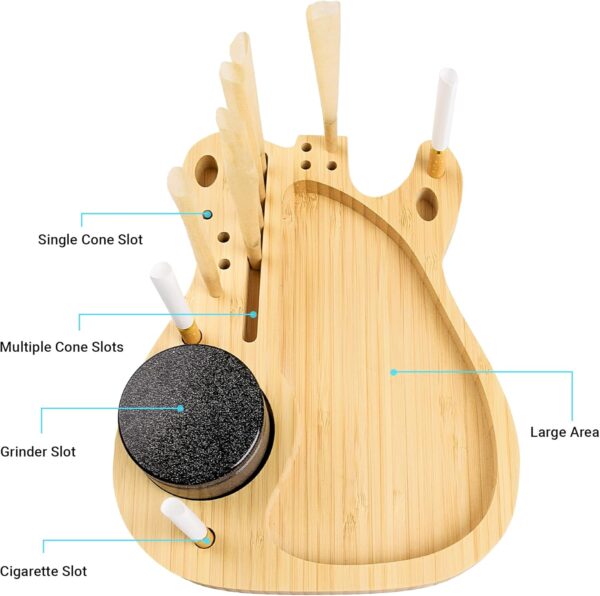Bamboo Rolling Tray, Large Cigarette Tray, Decorative Tray with Rolling Paper Grinder Cigarette Slot(Guitar - 9.06'' x 7.29'') - Image 2