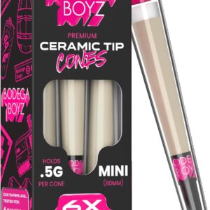 Premium Pre Rolled Cones 0.5g (1 1/4, 84mm) - with Reusable Ceramic Tip, Easy Fill & Slow Burn, Comes in a To-Go Tube & Filling Stick - Unrefined Brown Rolling Paper - 6 Count Single Box