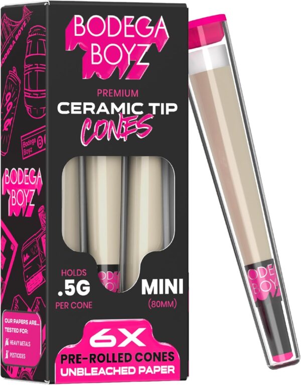 Premium Pre Rolled Cones 0.5g (1 1/4, 84mm) - with Reusable Ceramic Tip, Easy Fill & Slow Burn, Comes in a To-Go Tube & Filling Stick - Unrefined Brown Rolling Paper - 6 Count Single Box