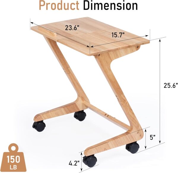 TV Tray Table, TV Dining Table with Casters for Small Spaces, Solid Wood End Table, Sofa Couch Side Table Removable Snack Tray for Coffee Bed Sofa Eating Writing Reading Living Room Bedroom - Image 3