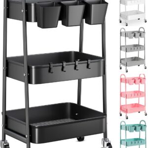 3 Tier Black Metal Rolling Cart with Lockable Wheels and Cups, Three Tiered Utility Storage Organizer on Wheels for Bathroom, Kitchen, Laundry, Garage, Office, Craft, Art, Baby Diaper, Snacks, Books