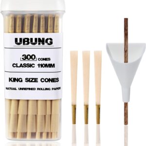 UBUNG Brown Cones, 300 Pcs King Size Brown Pre Rolled Cones With Tips, Slow Type Rolling Paper, Length 4.25 in / 108 mm, Including 1 Cone Loader And 1 Push Rod