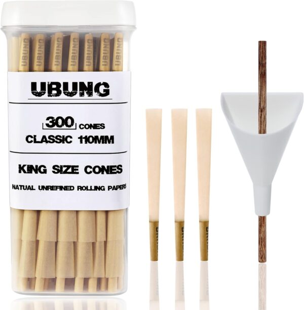 UBUNG Brown Cones, 300 Pcs King Size Brown Pre Rolled Cones With Tips, Slow Type Rolling Paper, Length 4.25 in / 108 mm, Including 1 Cone Loader And 1 Push Rod