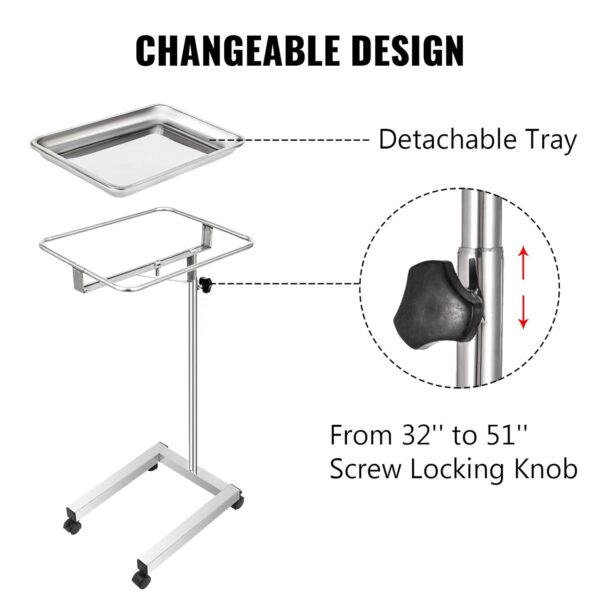 VEVOR Lab Cart, Stainless Steel Mayo Tray Stand 18 x 14 in Trolley Mayo Stand, Adjustable Height 32-51 in Instrument Tray with Removable Tray & 4 Omnidirectional Wheels, Ideal for Home Equipment - Image 4