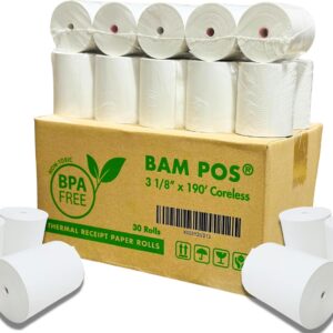 3 1/8 x 190 Thermal Receipt Paper Rolls For Most POS Systems and Receipt Printers, Compatible With Clover Station, Square Station, Toast Station, TM-T88, TSP Series (30 Rolls)