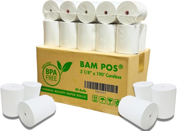 3 1/8 x 190 Thermal Receipt Paper Rolls For Most POS Systems and Receipt Printers, Compatible With Clover Station, Square Station, Toast Station, TM-T88, TSP Series (30 Rolls)