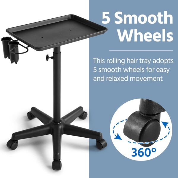 Yaheetech Rolling Salon Tray - Aluminum Trolley Cart Equipment on Wheels & Adjustable Height Mobile Beauty Salon Spa Stools Service Instrument Storage Tray w/Accessory Caddy - Black - Image 3
