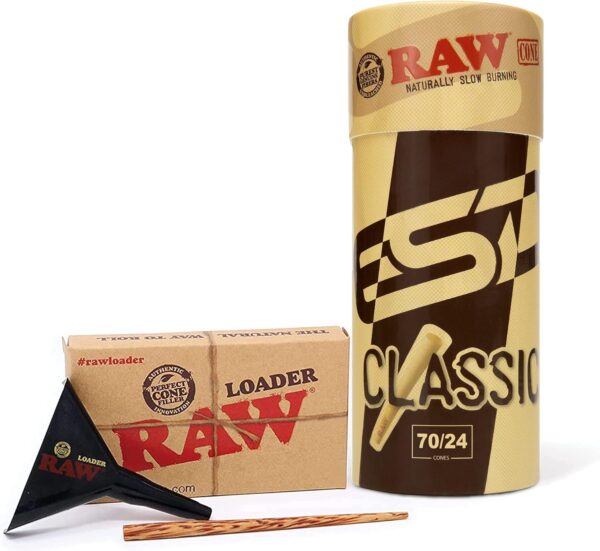 RAW Cones Classic 70/24 Sized Pre Rolled Cones Bundle | 50 Pack | Shorter than 1 1/4 Slow-Burning Rolling Paper with Tips Included