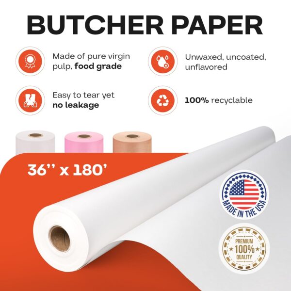 White Butcher Paper 36" x 2160" (180 feet) - Natural Butcher Paper Roll for Meat and Fish - Uncoated, Unwaxed & Food-Grade Material for Smoker, Grilling & BBQ by IDL Packaging - Image 2