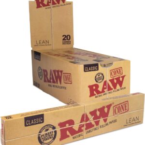 RAW Cones Classic Lean Size | 12 Packs | Natural Pre Rolled Rolling Paper with Tips | 20 Cones per Pack