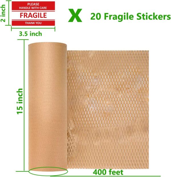 Honeycomb Packing Paper Wrap 15" x200' Sustainable Alternative to Bubble Cushioning Wrap for Moving/shipping/packing Roll with 20 Fragile Sticker Biodegradable & Fully Recylable - Image 2