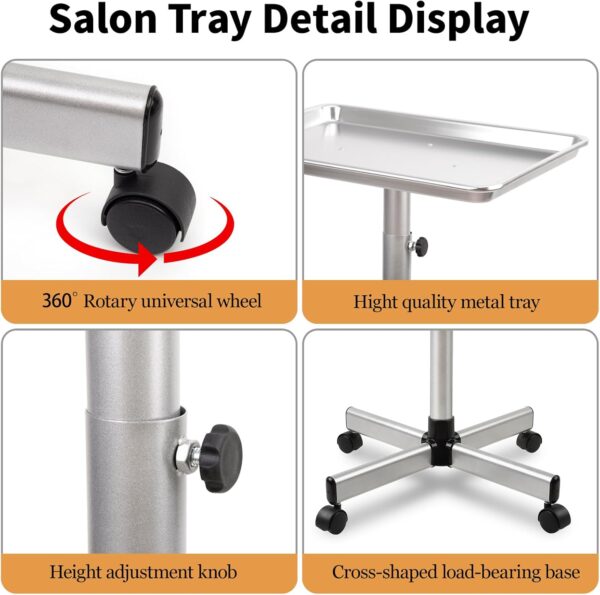 Salon Tray on Wheels, Rolling Tattoo Tray, Adjustable Hair Stylist Tray, Metal Mayo Stand Tray, Salon Color Tray Use As Medical Tray, No-Rusting - Image 4
