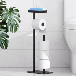 Kitsure Toilet Paper Holder Free Standing – Rustproof Metal Toilet Paper Stand for 4 Rolls with Anti-Slip Base and Shelf for Phone & Small Items, Bathroom Organizers and Storage, Black