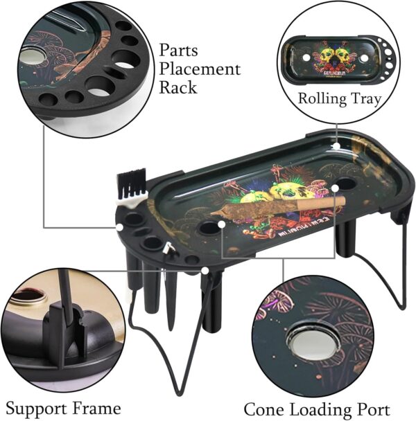 Metal Rolling Tray with Cone Loader Set 8.5 x 3.8 Inch, for King Size and 1 1/4 Size Cones Rolling Paper, Pre Roll Machine, Foldable Stand Rolling Table with Cone Filler, Brush, Tools - Image 4