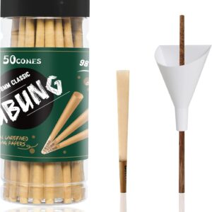 UBUNG 50 Pcs 98 Size Cones, Brown 98 Special Size Pre Rolled Cones With Tips Includes Loader Funnel And Push Rod​, 98 mm Slow Type Brown Rolling Papers
