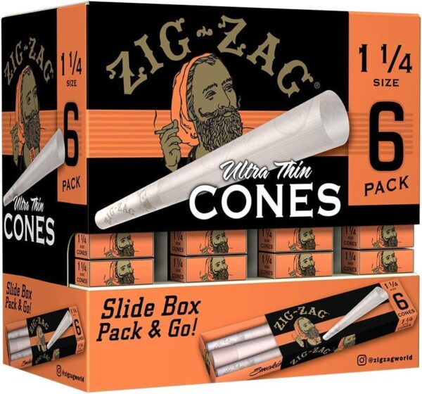 Zig-Zag Ultra Thin Pre Rolled Paper Cones, 1 1/4 Size, 36 Packs (6 Cones Each), Prerolled
