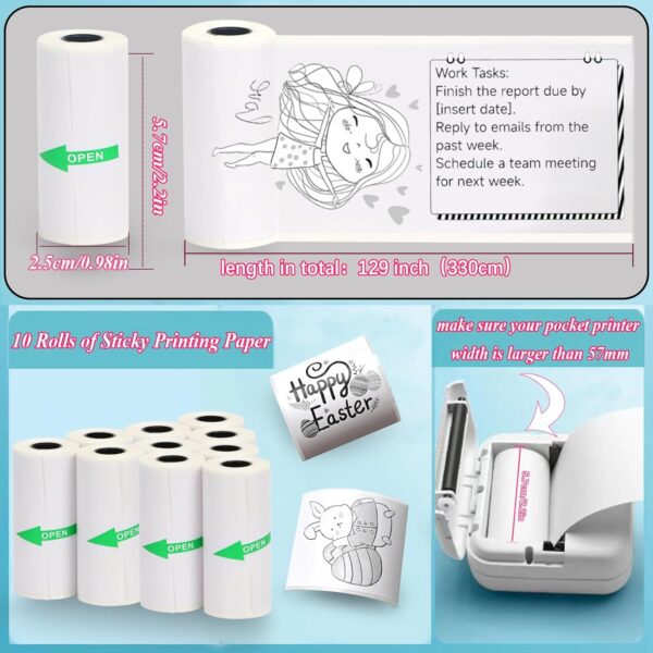 10 Rolls Mini Printer Sticker Paper Refill for Most Mini Thermal Printers, 57 x 25mm for T02/M02 （need remove paper holder）Thermal Sticker Paper Rolls for Study Notes Photos Journals Memo Lists - Image 5