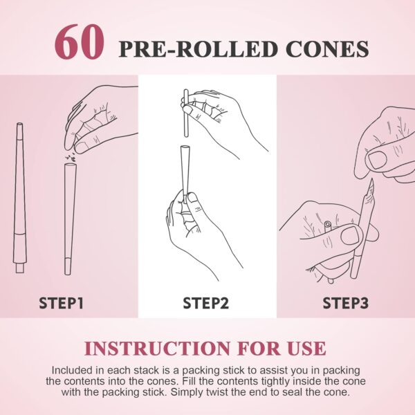 TISFA Pink Pre rolled Cones 60 Pack Rolling Papers King Size Rolling Cones with Packing Sticks - Image 5