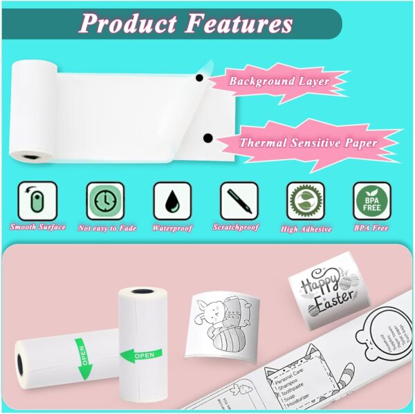 10 Rolls Mini Printer Sticker Paper Refill for Most Mini Thermal Printers, 57 x 25mm for T02/M02 （need remove paper holder）Thermal Sticker Paper Rolls for Study Notes Photos Journals Memo Lists - Image 6