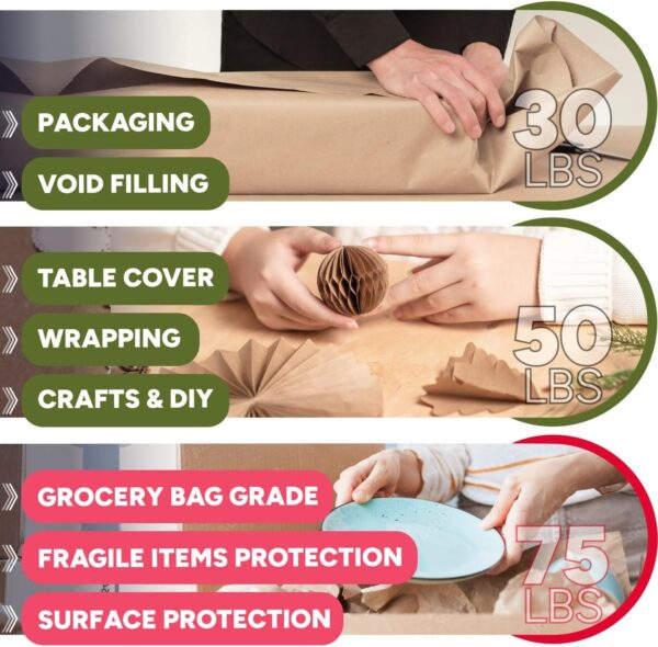 18" x 5700" (475 feet) Natural Brown Kraft Paper Roll, 75 Lb Extra Heavy-Duty (Grocery Bag Grade) – Made in USA Large Size Roll of Brown Wrapping Paper, 3-inch Core – for Packaging, Shipping - Image 7