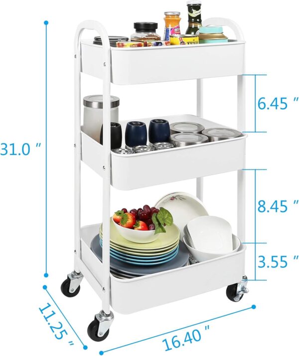 MAX Houser 3-Tier Rolling Utility Cart with Caster Wheels,Easy Assembly, for Kitchen, Bathroom (White) - Image 2