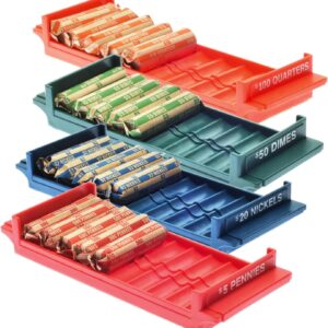 Nadex Rolled Coin Storage Organizer Tray Set with Ridges for Loose Coins | Quarters, Dimes, Nickles, and Penny Color Coded Trays