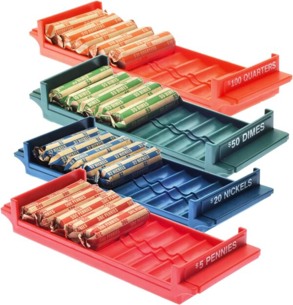 Nadex Rolled Coin Storage Organizer Tray Set with Ridges for Loose Coins | Quarters, Dimes, Nickles, and Penny Color Coded Trays