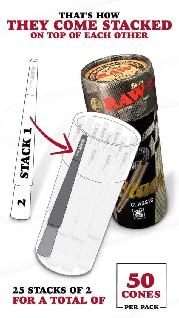RAW Black Cones King Size - 50 Pack - Slow Burning Pre Rolled Cones - Rolling Paper Pressed Extra Fine for Thin, Naturally Translucent Paper with Tips & Packing Tubes Included - Image 2