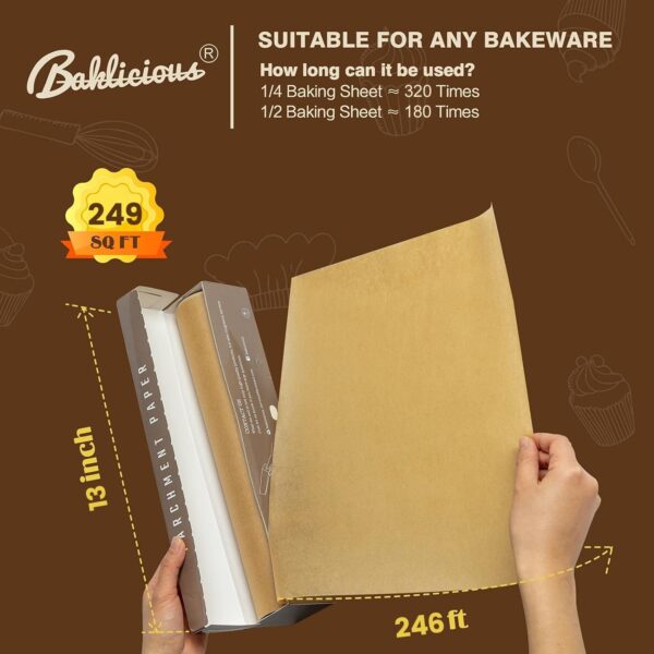 Unbleached Parchment Paper Roll for Baking, 13 in x 242 Ft, 249 Sq.Ft, Baklicious Non-stick Baking Parchment Paper for Baking, Cookies, Bread, Oven, Air Fryer, Steamer, Baking paper - Image 2
