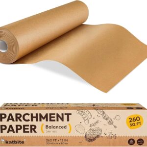 Katbite 12in x 262ft Unbleached Parchment Paper Roll, 260 Sq.Ft, Balanced Series, Non-Stick, Extra Long Parchment Baking Paper with Portable Serrated Cutter for Baking, Cooking [Balanced Series]
