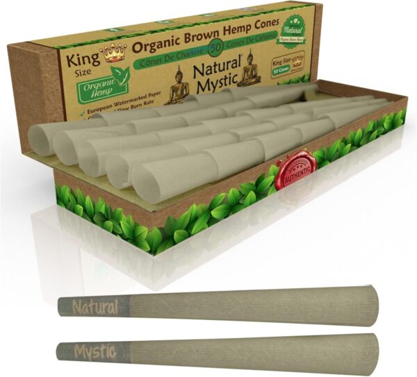 Pre Rolled Cones King Size – 50 Pack Hemp Rolling Paper Unbleached Brown Organic Fibers Classic Preroll Natural Mystic Pre Roll Papers With Filter Tips Use Cone Loader Filling Packing Sticks