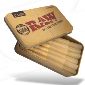 RAW Classic Pre-Rolled Papers 84mm Packed Inside a RAW Metal Tin Container with Packing Tubes | 20 Pack |